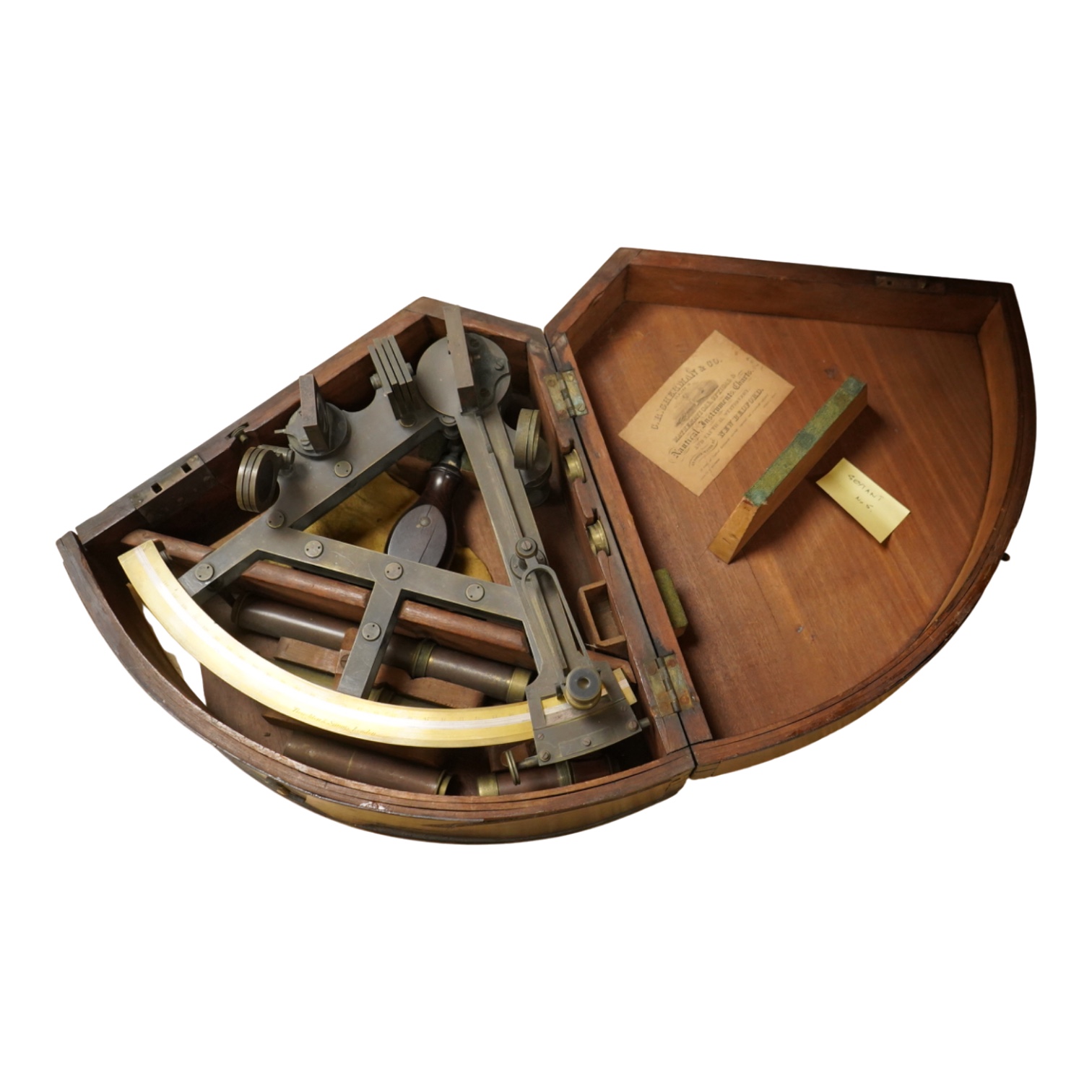A mid 19th century brass and lacquered double frame sextant, by Troughton & Sims, London, number 2367, the mahogany case containing four interchangeable sighting telescopes, two eyepieces and an adjusting key